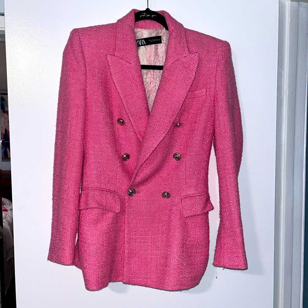 Zara Pink Tweeted Tailored Blazer, Small
